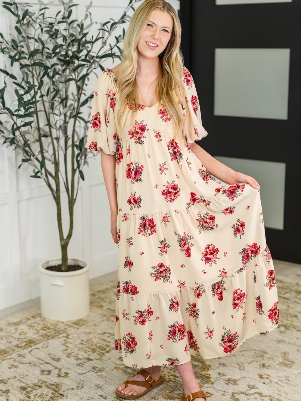 NWT Cream Floral V-Neck Maxi Dress with Puff Sleeves